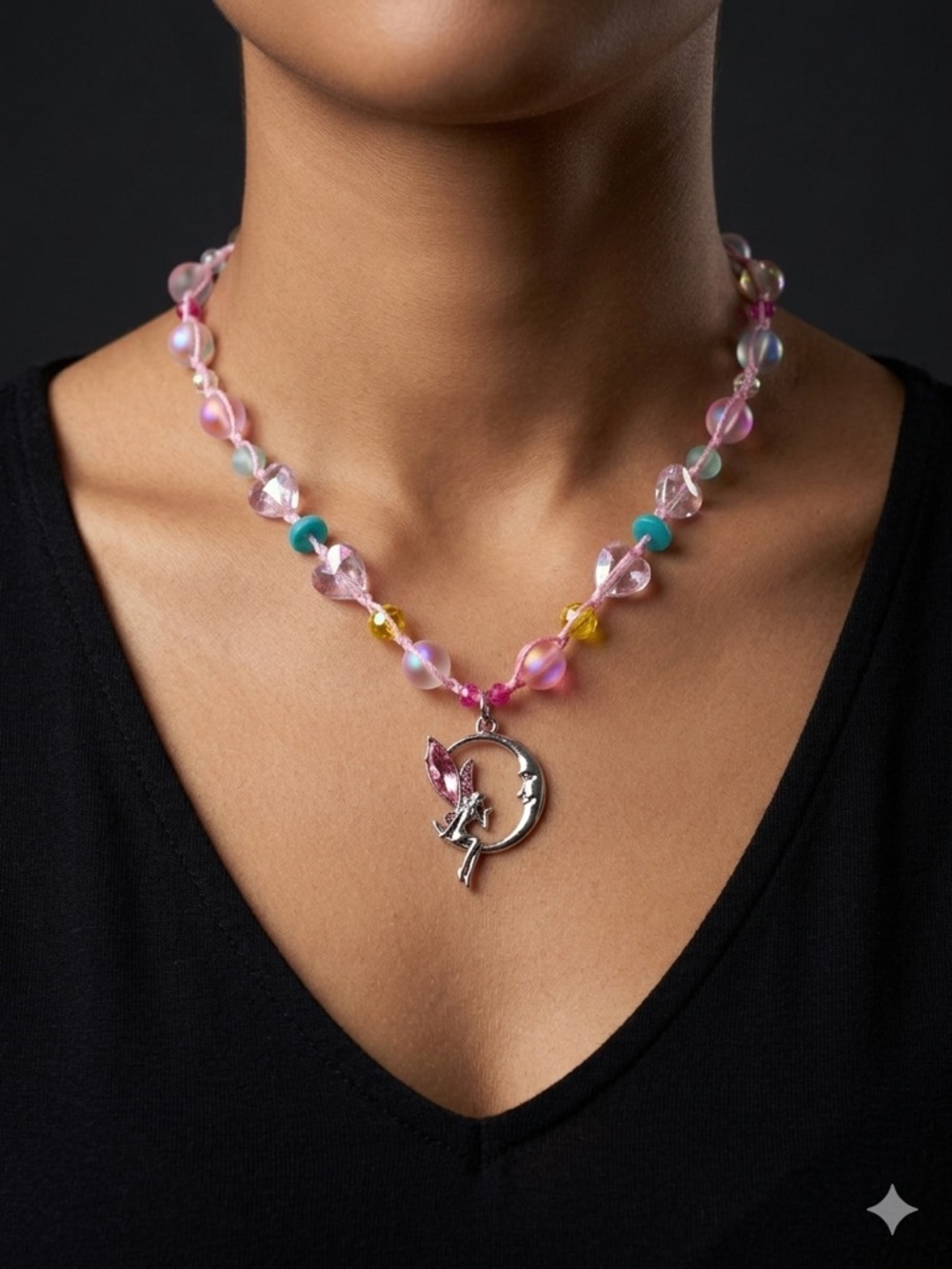 Pink Beaded Fairy Moon Necklace – Handmade Beaded Crochet Necklace